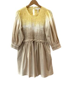 Apiece Apart Aldea Smocked Mini Dress L Soft Dip Dye yellow beige cotton pockets